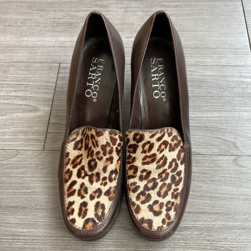 Vtg Franco Sarto Brown Leather Leopard Animal Print Calf Hair Pumps Size W7.5 - Picture 2 of 9